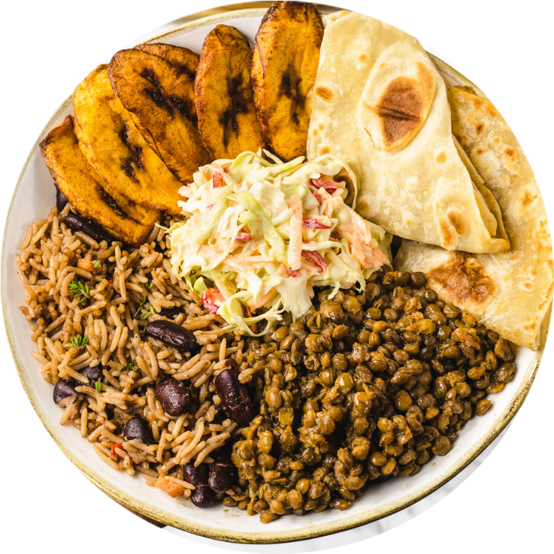 Chefiesta Vending lentil and rice and peas with plantain and roti
